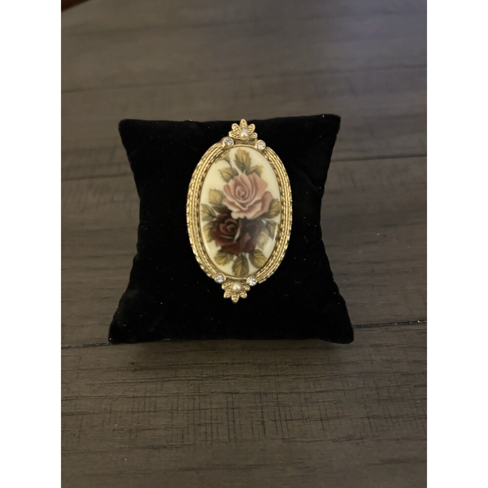 Vintage Painted Floral Brooch On Gold Tone With Clear Rhinestones